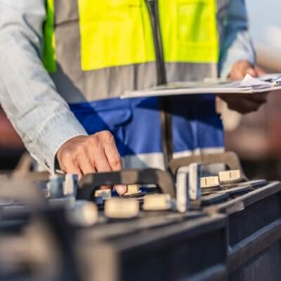 Technician conducting safety check on battery management system